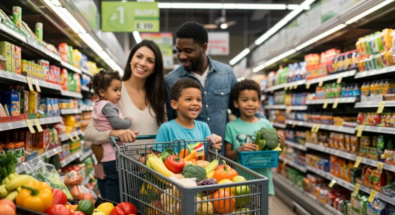 Family happily shopping for groceries with full cart, symbolizing maximized SNAP benefits