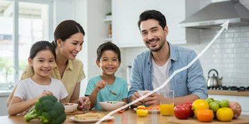 Smiling family enjoying a healthy meal, representing increased SNAP benefits and food security.