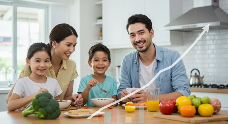 Smiling family enjoying a healthy meal, representing increased SNAP benefits and food security.
