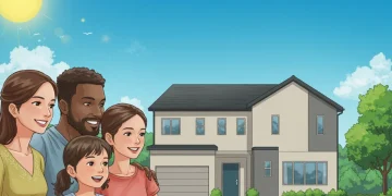 Family smiling in front of a new home, representing federal housing assistance success