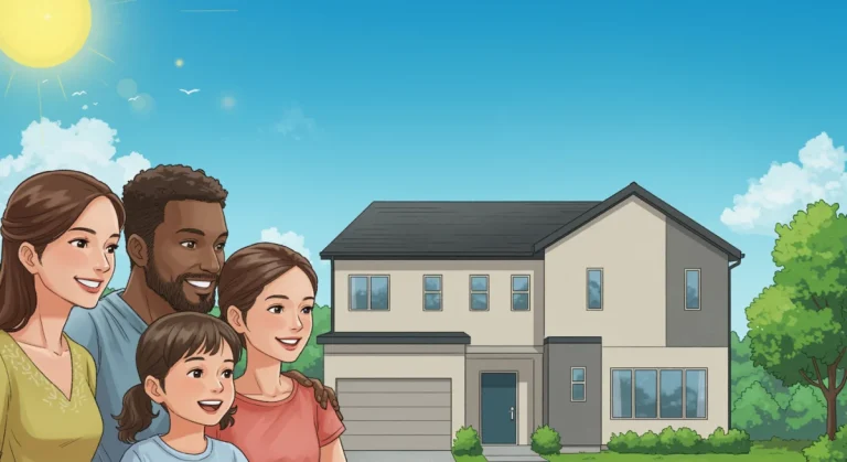 Family smiling in front of a new home, representing federal housing assistance success