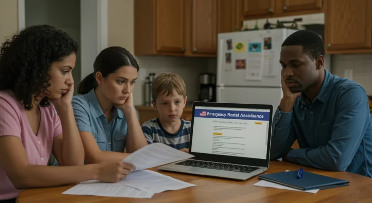 Family reviewing emergency rental assistance application documents