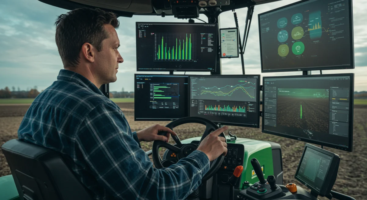 Farmer utilizing advanced data analytics in tractor for precision farming