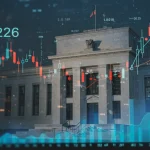 Federal Reserve building with financial charts, representing 2026 interest rate projections and economic outlook.