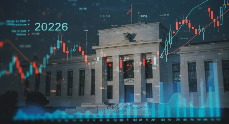 Federal Reserve building with financial charts, representing 2026 interest rate projections and economic outlook.