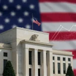 Federal Reserve building with economic data overlays, symbolizing monetary policy steering the U.S. economy in 2026.