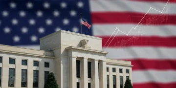 Federal Reserve building with economic data overlays, symbolizing monetary policy steering the U.S. economy in 2026.