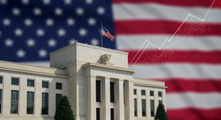 Federal Reserve building with economic data overlays, symbolizing monetary policy steering the U.S. economy in 2026.