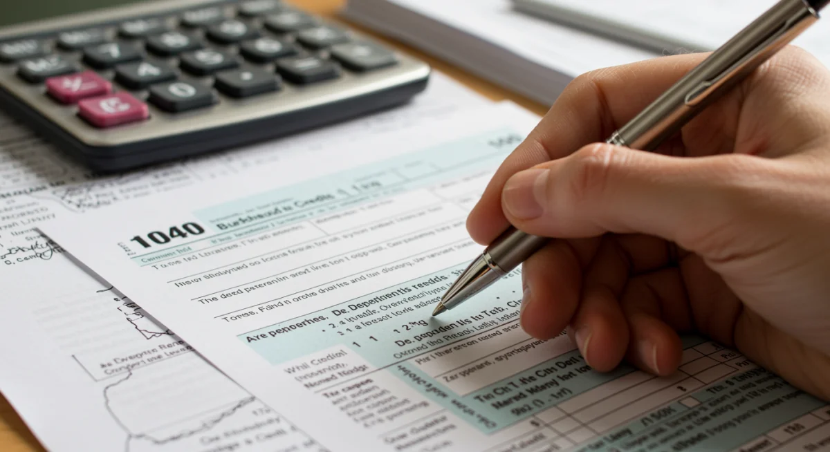 Hand completing a tax form for the Child Tax Credit, focusing on accuracy and detail.