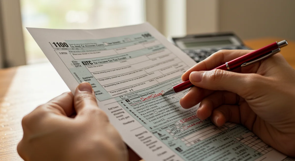 Hands filling out tax form for EITC with calculator.