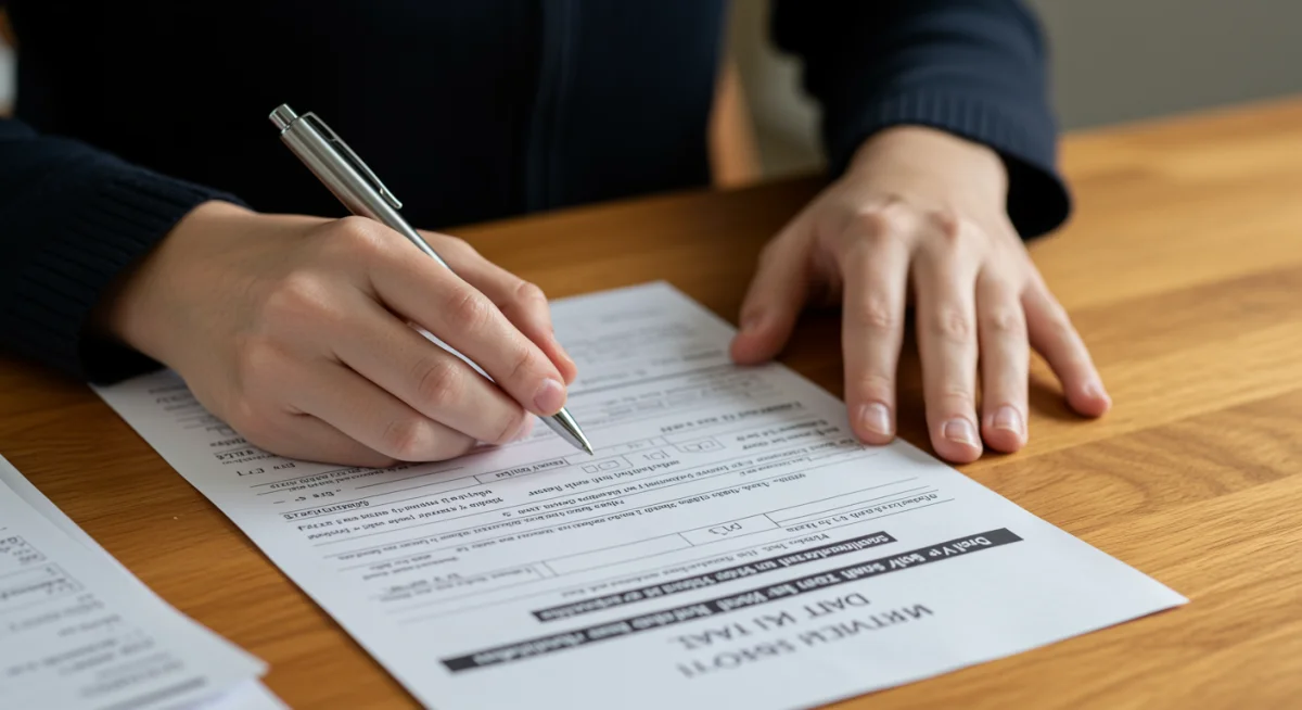 Hands completing an emergency rental assistance application form
