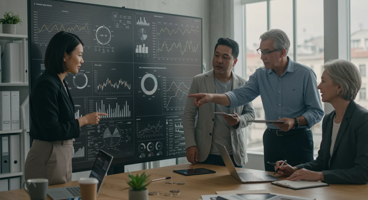 Professionals analyzing financial data on a large screen