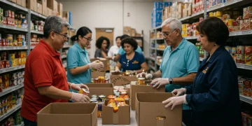 Volunteers sorting food at a community food bank