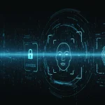 Futuristic biometric security interface with facial recognition and fingerprint scan