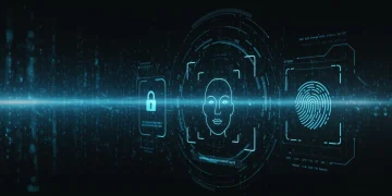 Futuristic biometric security interface with facial recognition and fingerprint scan