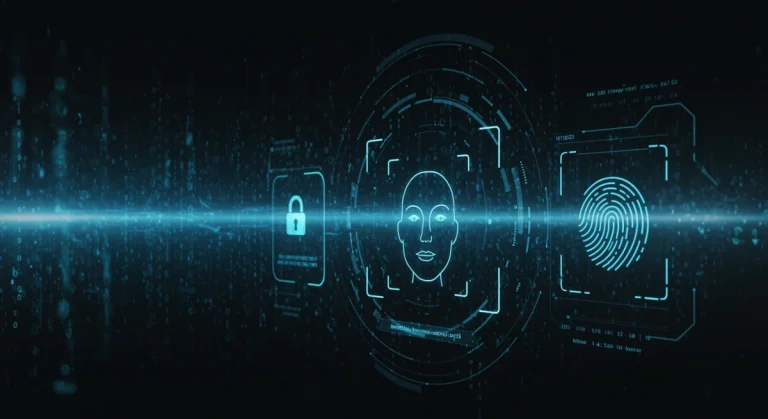 Futuristic biometric security interface with facial recognition and fingerprint scan