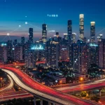 Futuristic cityscape with digital networks representing technological advancements and economic impact in 2026.