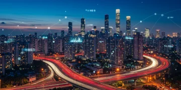 Futuristic cityscape with digital networks representing technological advancements and economic impact in 2026.