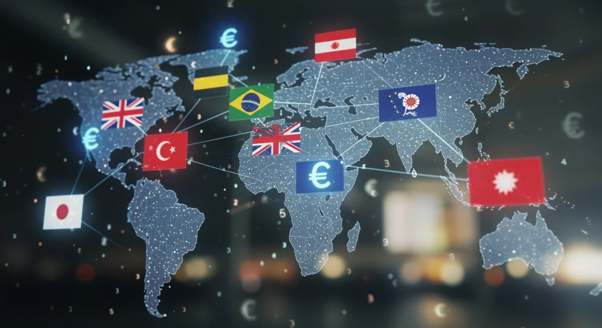 Global economic connections represented by interconnected national flags and currency symbols
