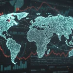 Digital representation of global supply chains with U.S. at center, symbolizing economic policy impact.