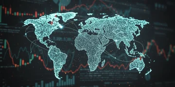 Digital representation of global supply chains with U.S. at center, symbolizing economic policy impact.
