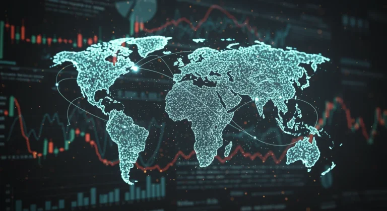 Digital representation of global supply chains with U.S. at center, symbolizing economic policy impact.