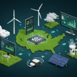 Green tech innovations in the US, showing IoT sensors and AI reducing carbon footprints.