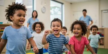 Children happily engaged in activities at a modern, safe child care center, illustrating the positive impact of child care assistance.