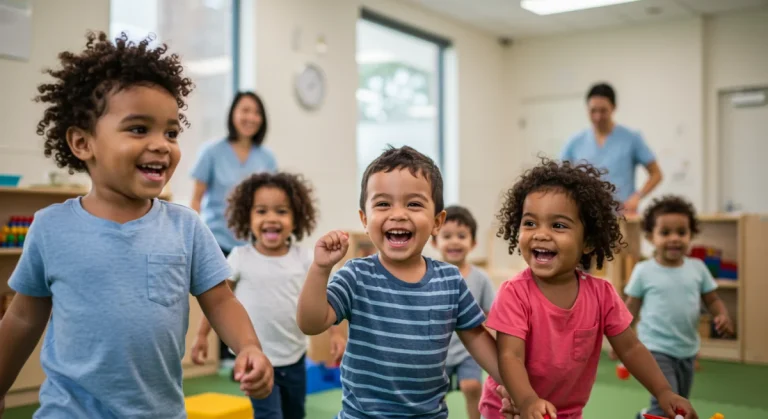 Children happily engaged in activities at a modern, safe child care center, illustrating the positive impact of child care assistance.