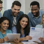 Diverse individuals reviewing health insurance plans on Healthcare.gov, symbolizing accessible coverage.