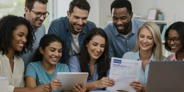 Diverse individuals reviewing health insurance plans on Healthcare.gov, symbolizing accessible coverage.