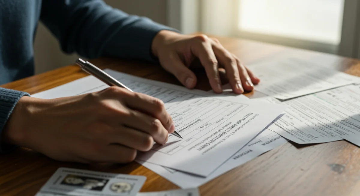 Hands filling out Section 8 housing application form with pen