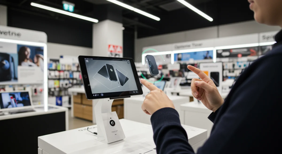 Customer using a tablet to interact with an augmented reality product display in a retail store.