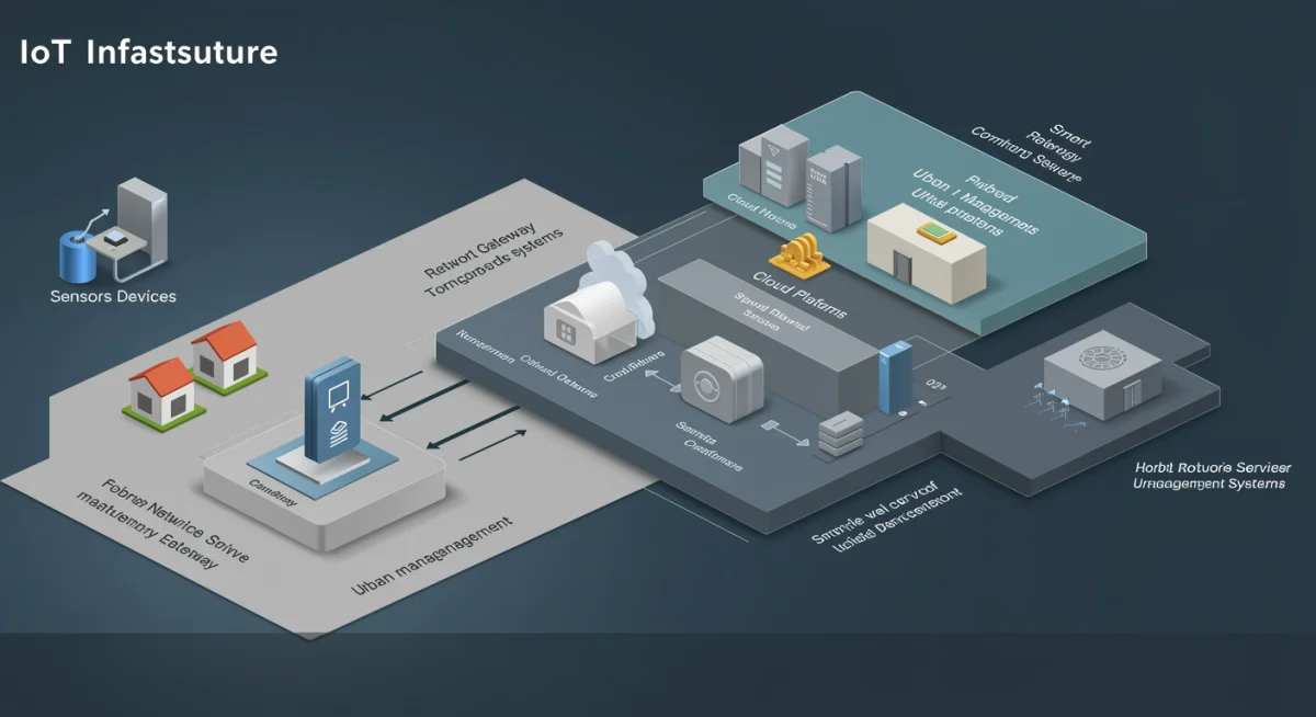 Diagram showing layers of IoT infrastructure, from home devices to city networks.