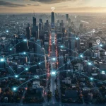 Futuristic smart city with interconnected homes and infrastructure, symbolizing IoT expansion in the US.