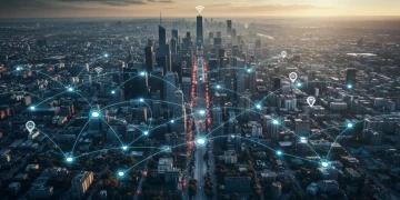 Futuristic smart city with interconnected homes and infrastructure, symbolizing IoT expansion in the US.