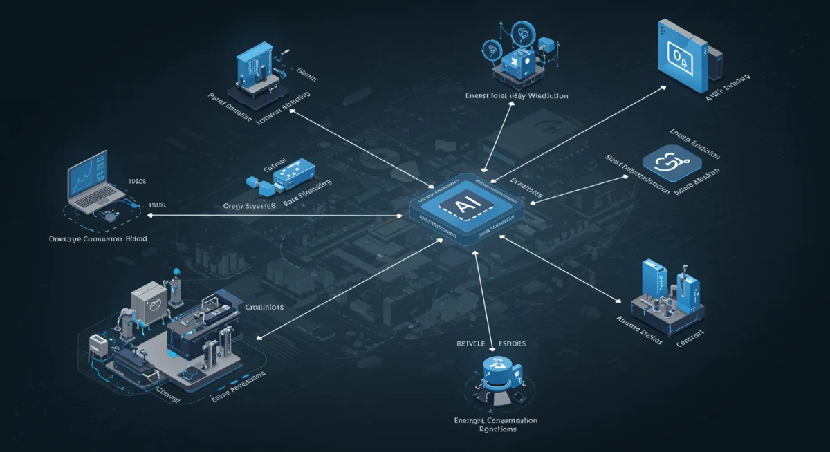 IoT devices in smart factory optimizing energy and waste with AI.