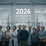 Diverse individuals reviewing new Medicaid guidelines for 2026 on a tablet.