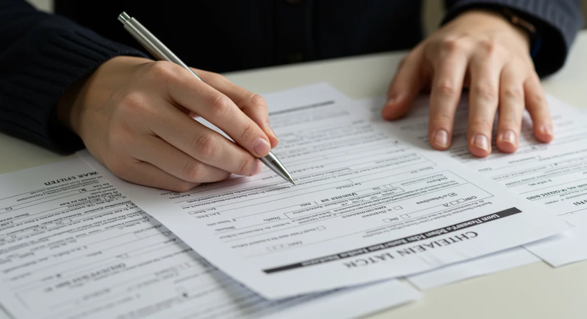 Hands meticulously filling out complex Medicaid application forms.