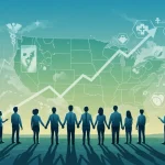 Diverse group looking at a map of the US with healthcare symbols, representing Medicaid expansion changes.