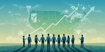 Diverse group looking at a map of the US with healthcare symbols, representing Medicaid expansion changes.