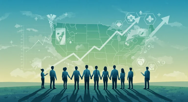 Diverse group looking at a map of the US with healthcare symbols, representing Medicaid expansion changes.