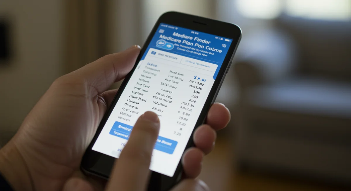 Person using a smartphone app to compare Medicare Part D prescription drug prices.