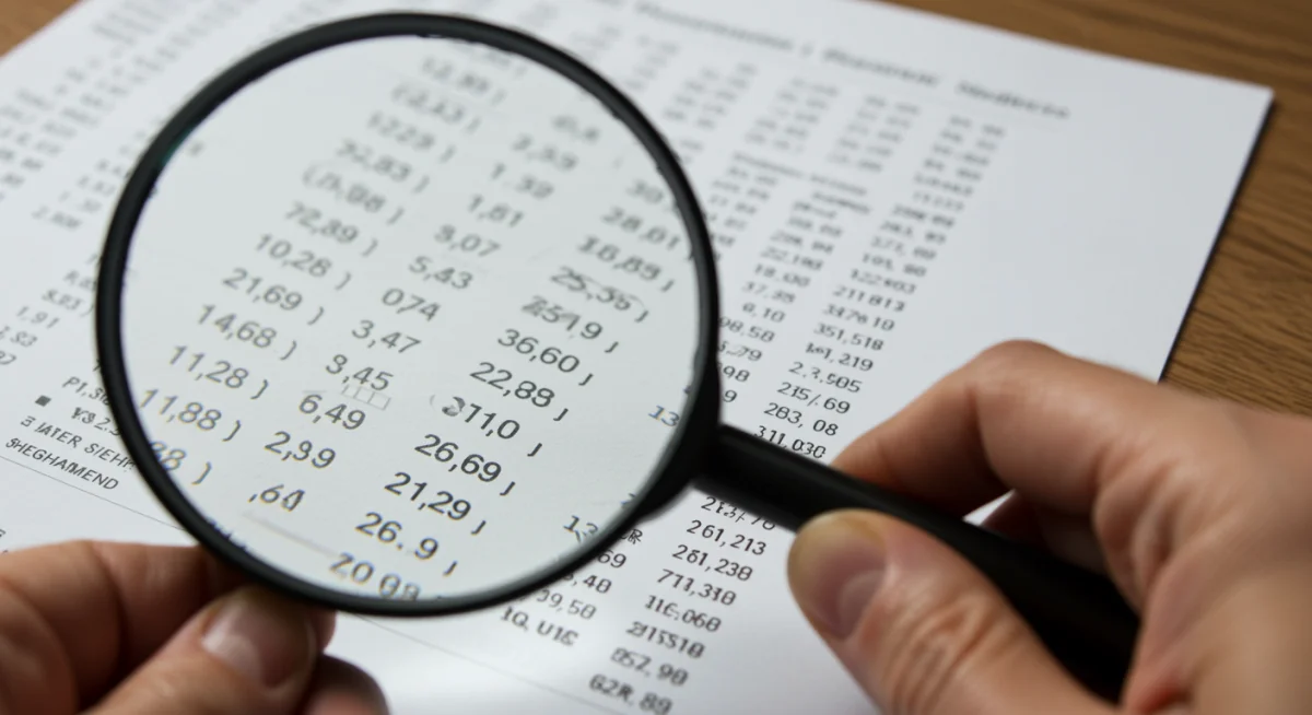 Magnifying glass over Medicare statement, highlighting financial details.