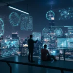 Futuristic metaverse cityscape with business interactions