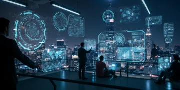 Futuristic metaverse cityscape with business interactions