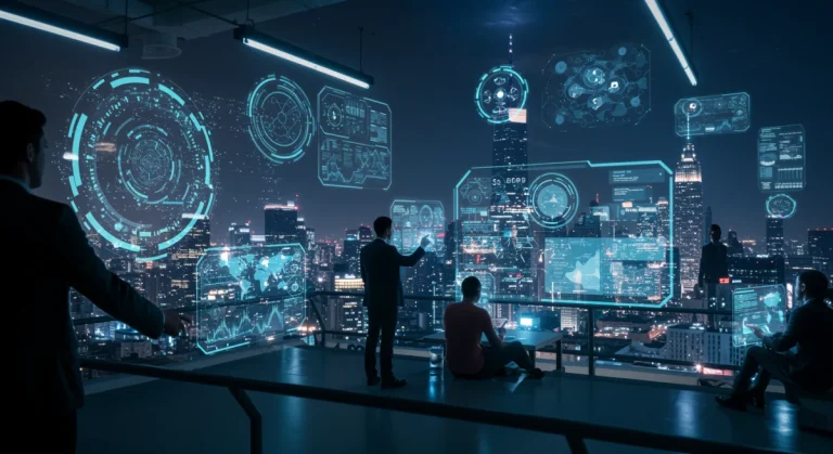 Futuristic metaverse cityscape with business interactions