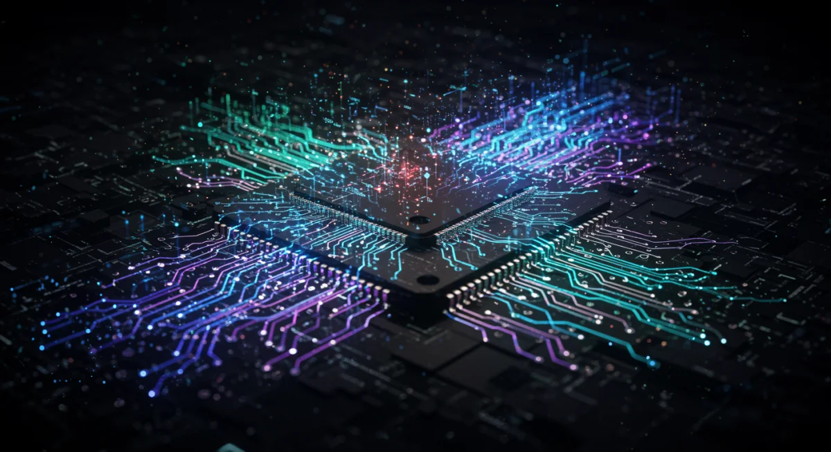 Close-up of a microchip with data streams symbolizing AI and economic influence.