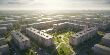 Modernized public housing complex with green spaces and renovated buildings