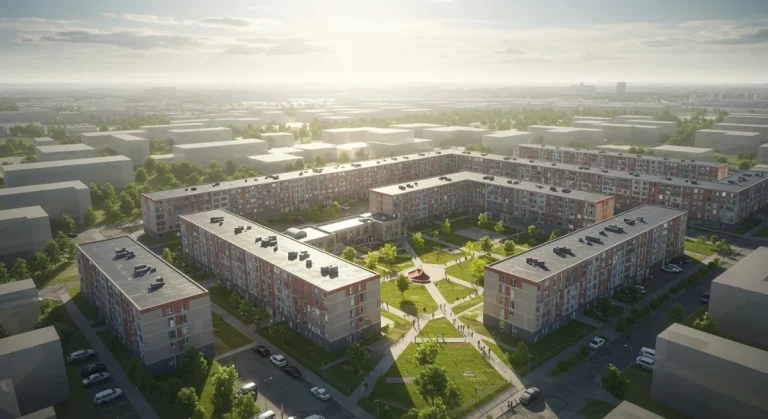Modernized public housing complex with green spaces and renovated buildings